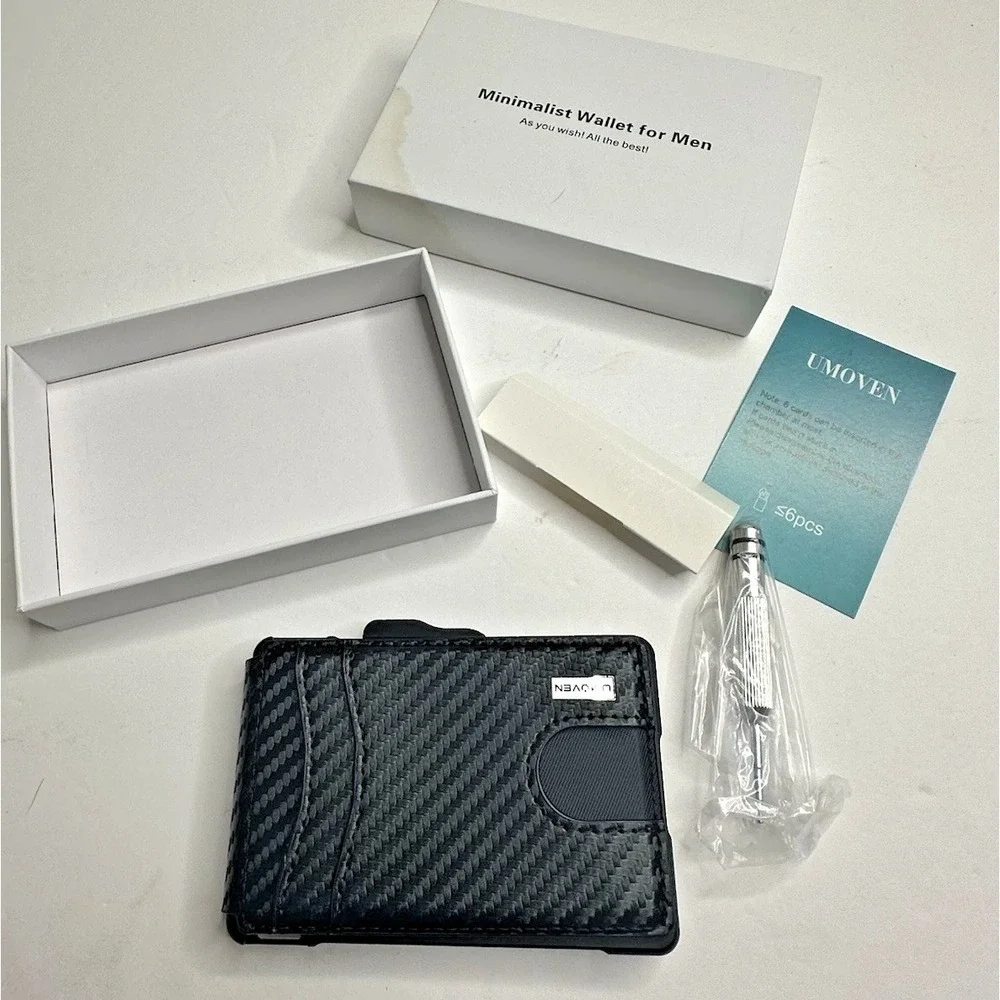 UMOVEN RFID Blocking Minimalist Wallet Carbon Fiber Style Money Clip Front